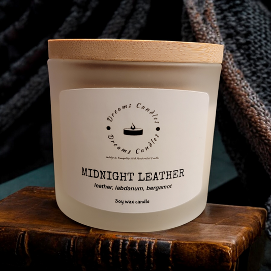 Hand-poured Midnight Leather candle with warm, musky leather aroma, ideal for creating a sophisticated setting