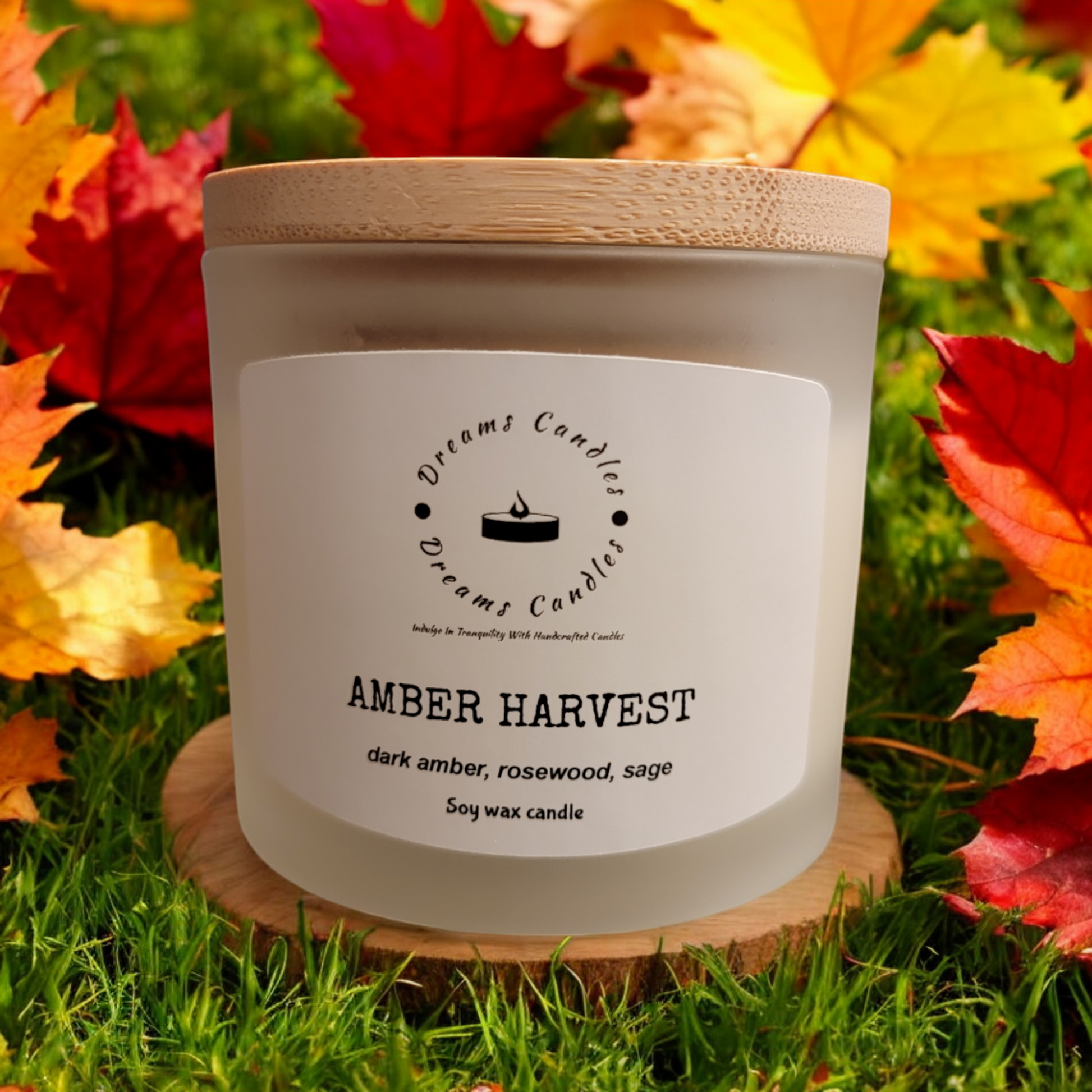 Amber Harvest candle in warm amber glass, with earthy, autumn-inspired scent for cozy seasonal ambiance